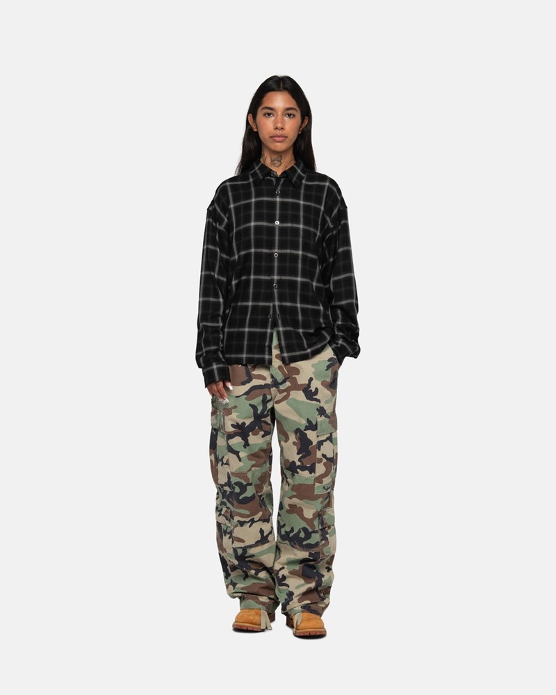 Camisas Stussy SHADOW PLAID RAYON Unisex Negros | MOFH-13694