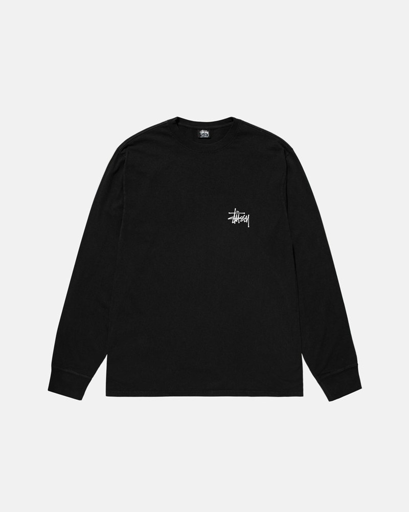 Tops Stussy BASIC LS PIGMENT DYED Unisex Negros | PNRJ-72051