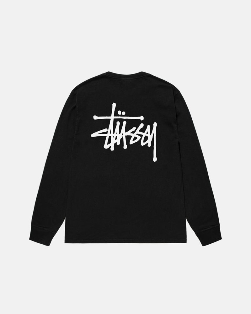 Tops Stussy BASIC LS PIGMENT DYED Unisex Negros | PNRJ-72051