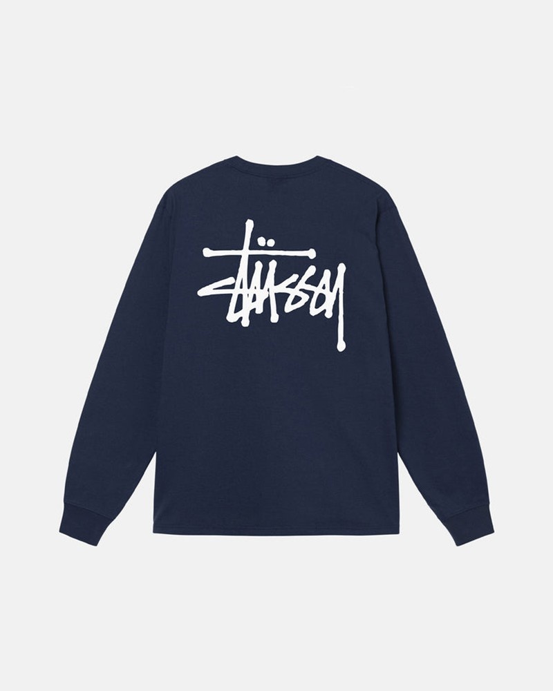 Tops Stussy BASIC LS Unisex Azul Marino | VUQB-34765