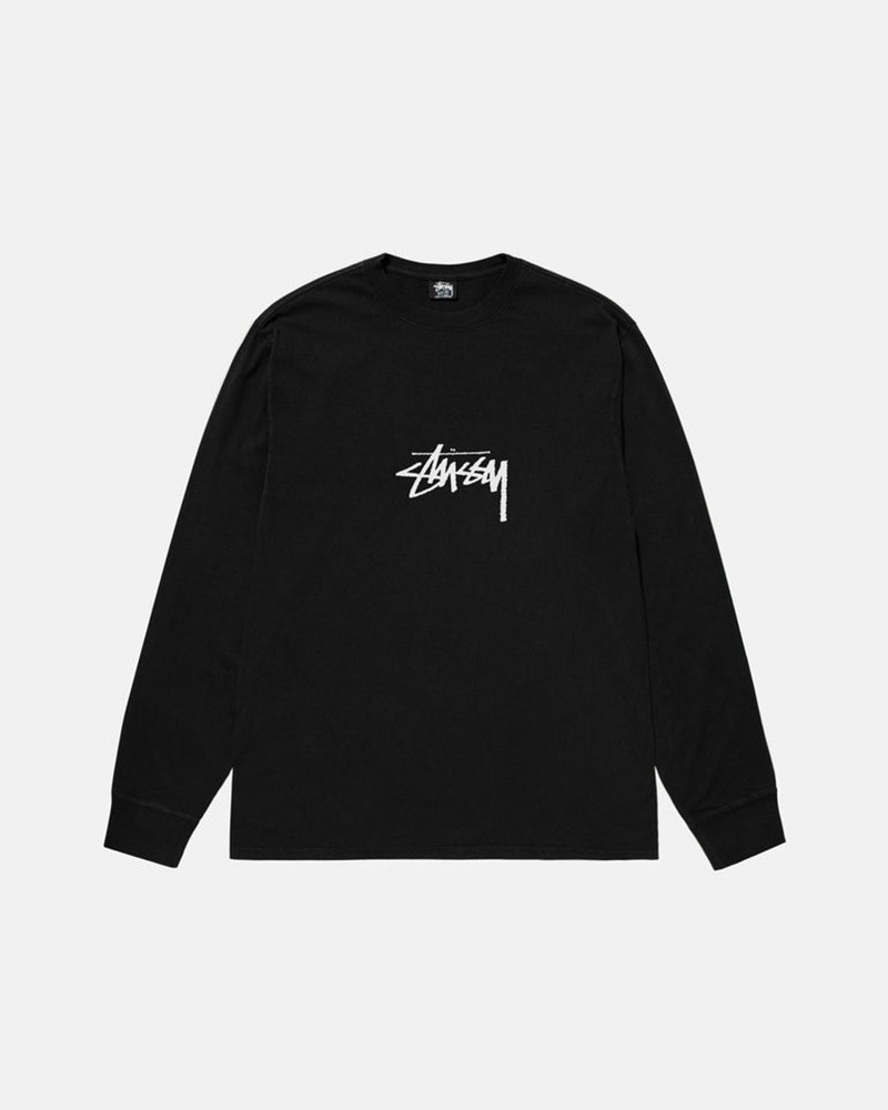 Tops Stussy SMALL STOCK LS PIGMENT DYED Unisex Negros | JVYF-69703